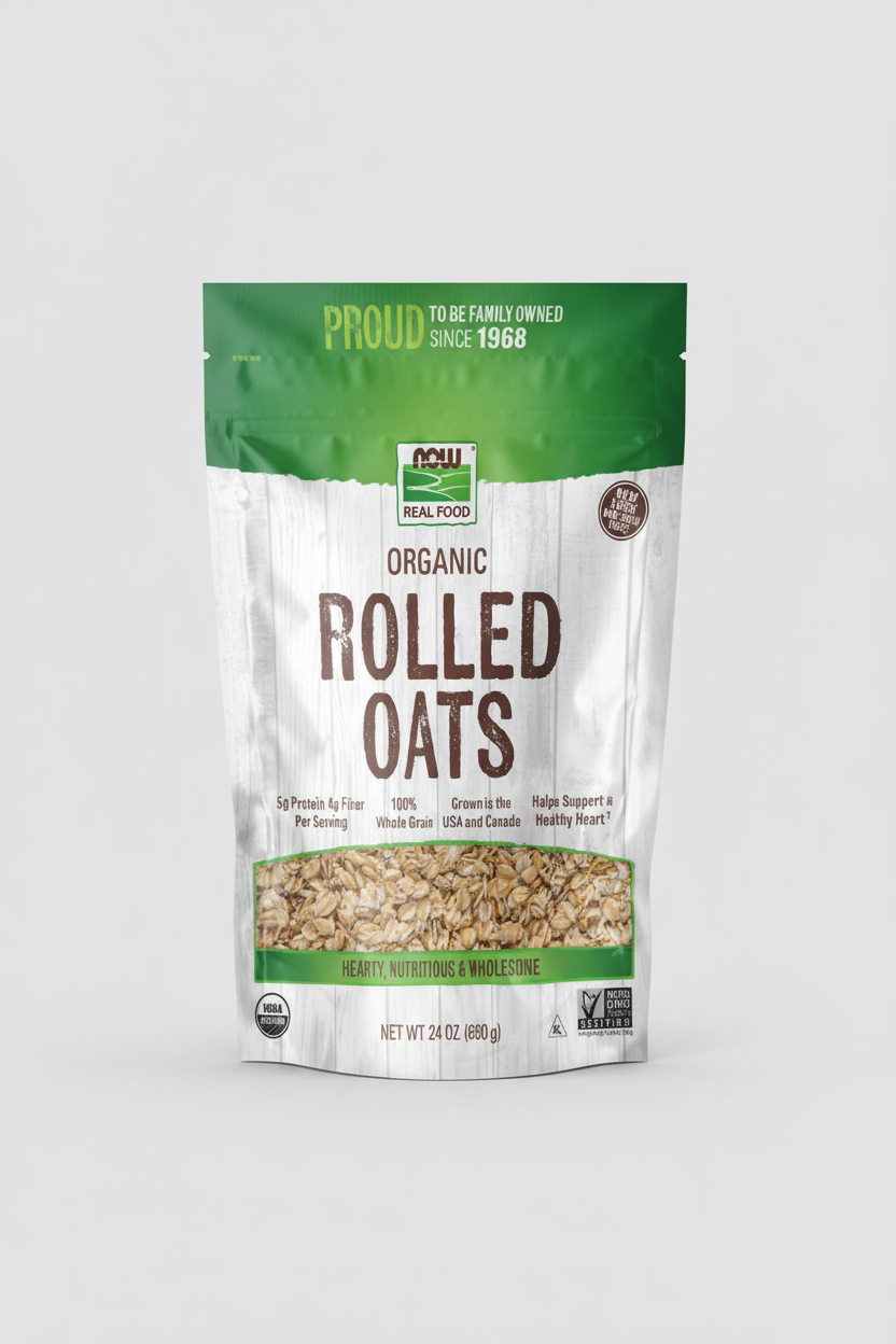 Package of NOW Organic Rolled Oats with green and white design