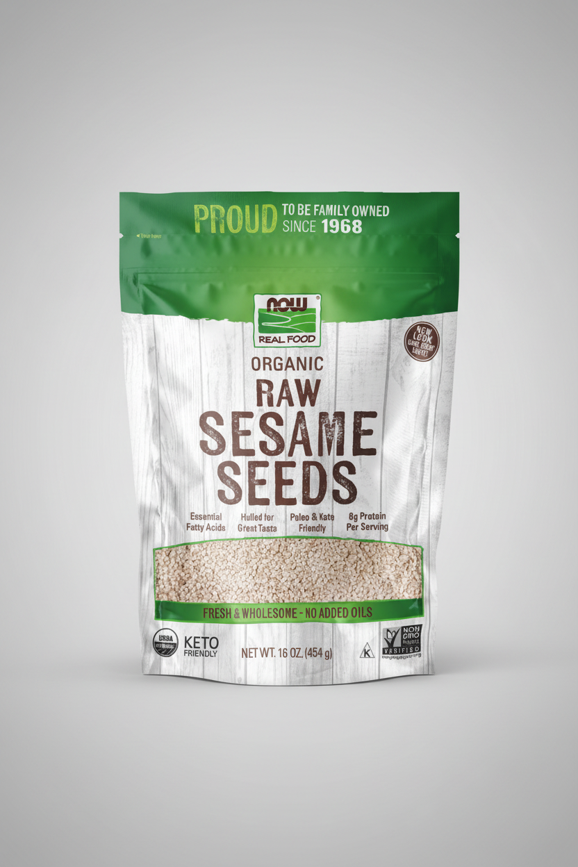 Package of NOW Organic Raw Sesame Seeds with green and white design