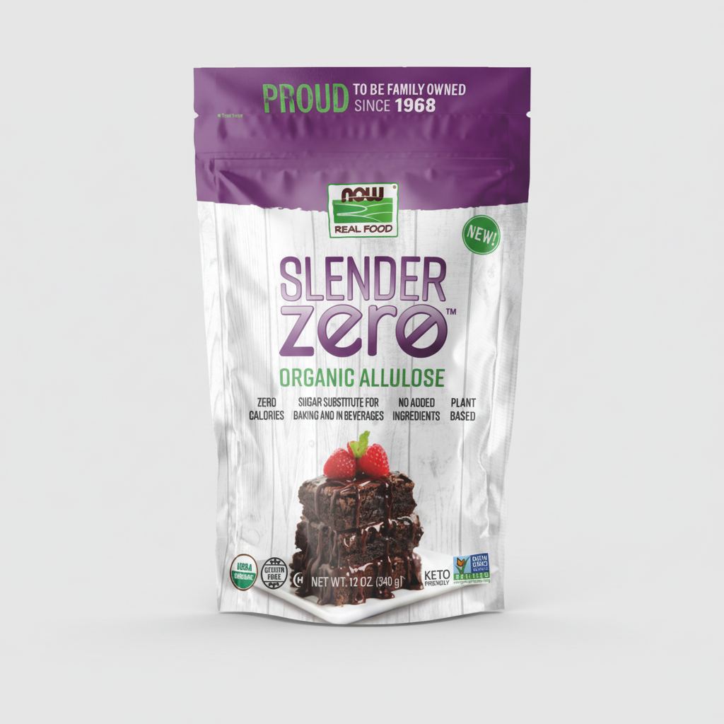 Package of Slender Zero organic allulose with a purple top and white body, featuring a dessert image.