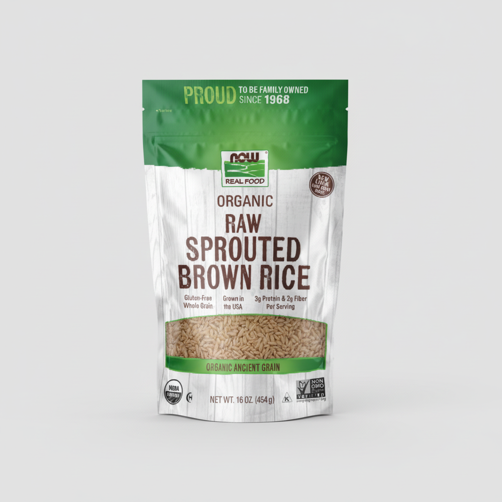 Package of NOW Foods Organic Raw Sprouted Brown Rice with green and white design.