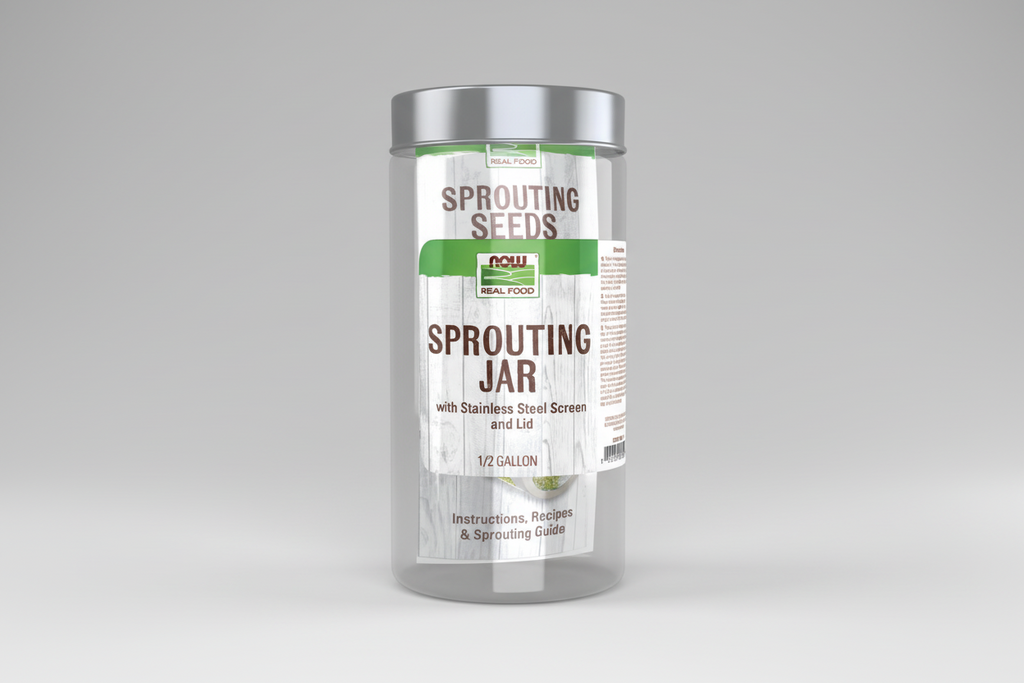 Sprouting jar with label on a white background
