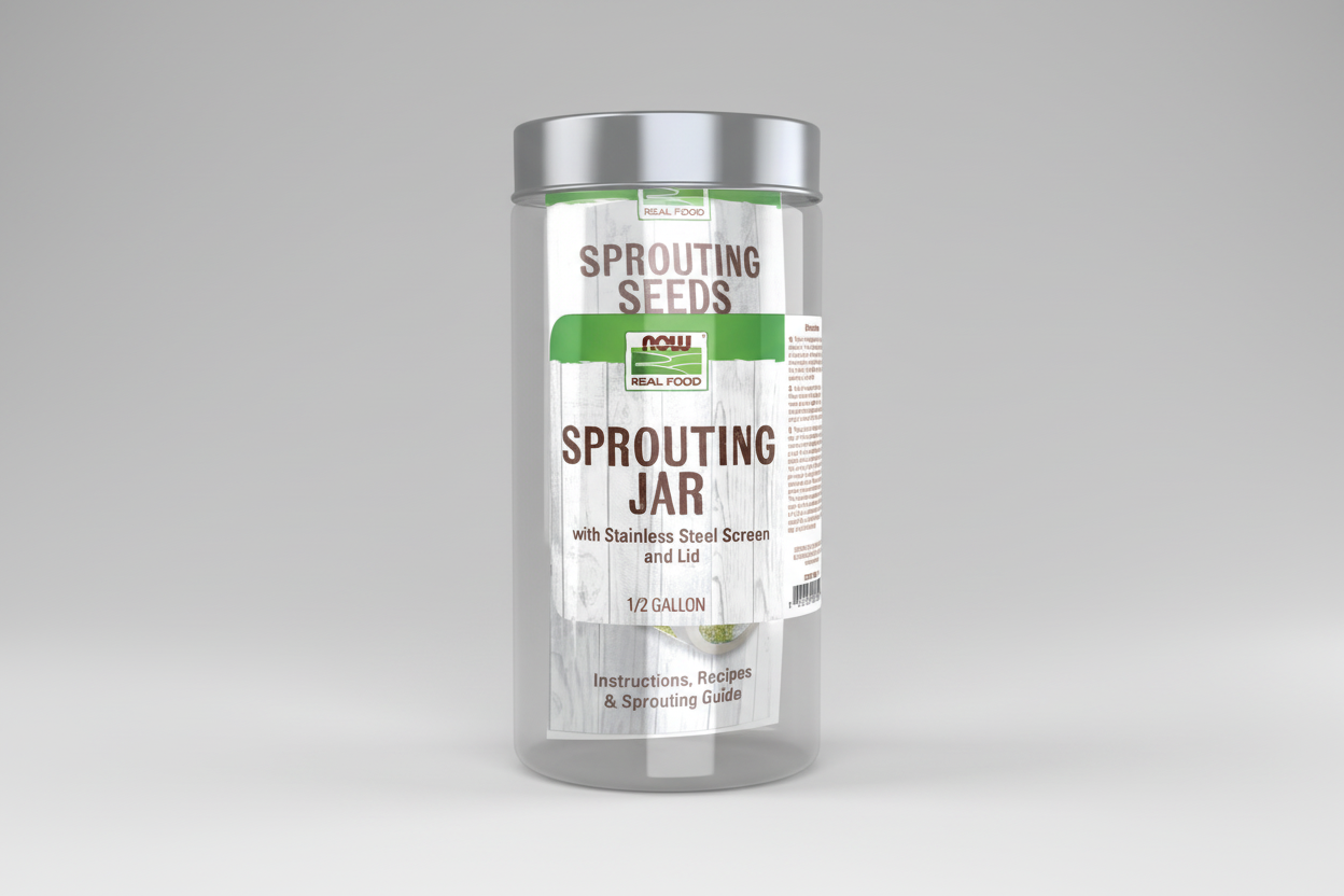 Sprouting jar with label on a white background