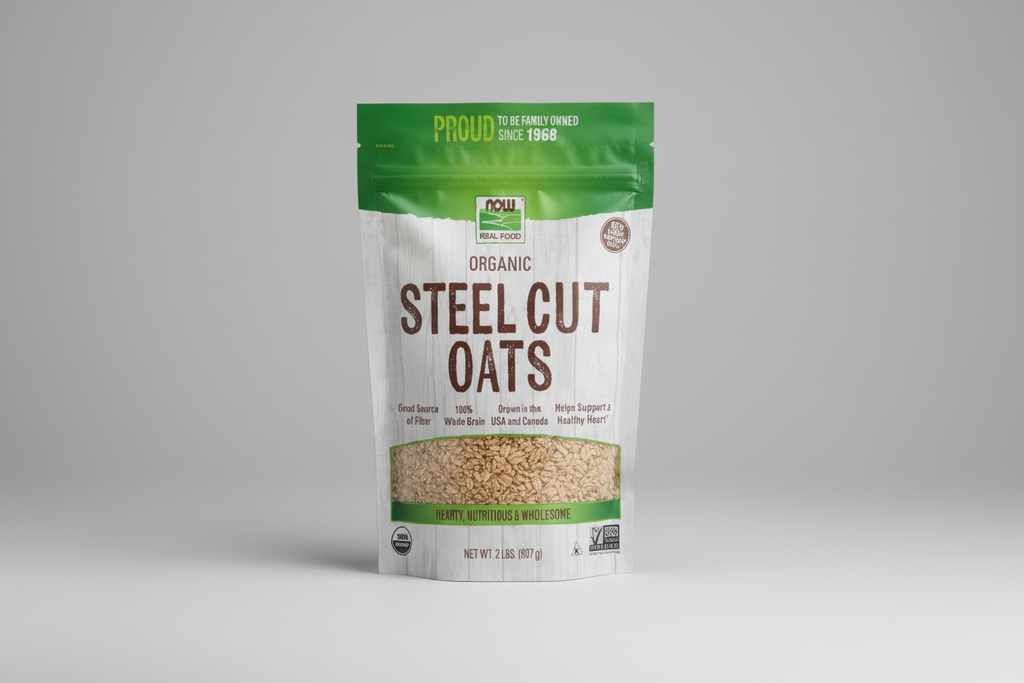 Package of NOW Foods Organic Steel Cut Oats with green and white design.