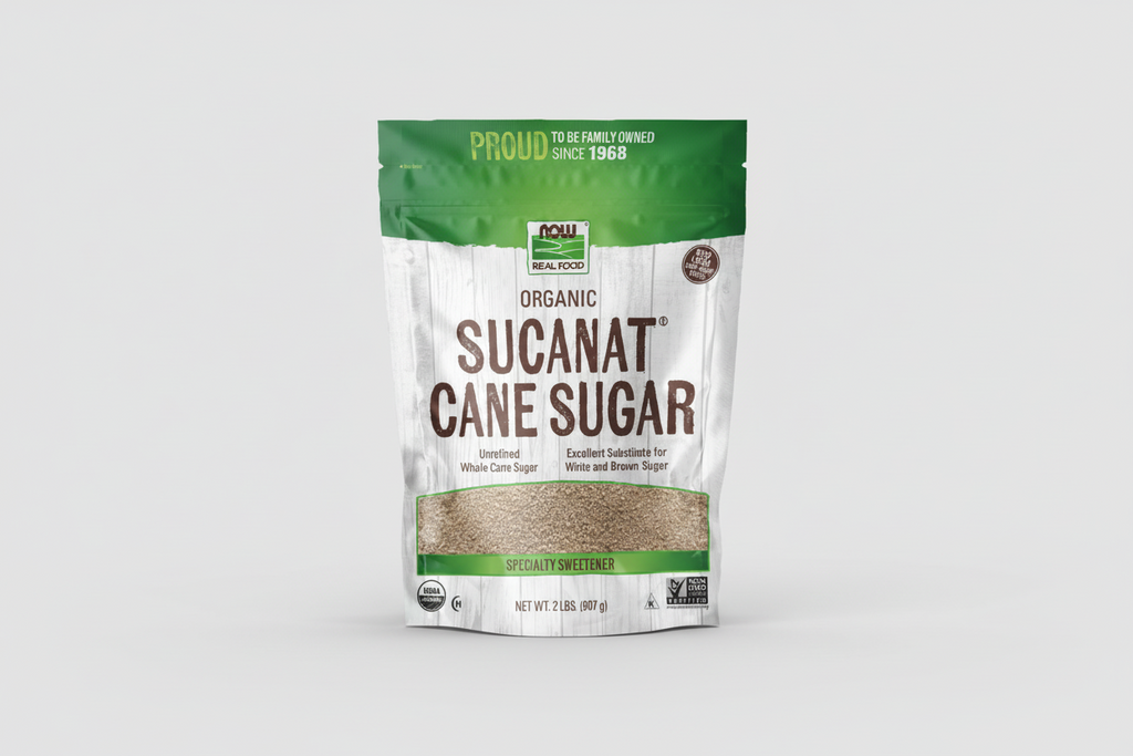 Bag of Organic Sucanat Cane Sugar with branding and product details on a white background