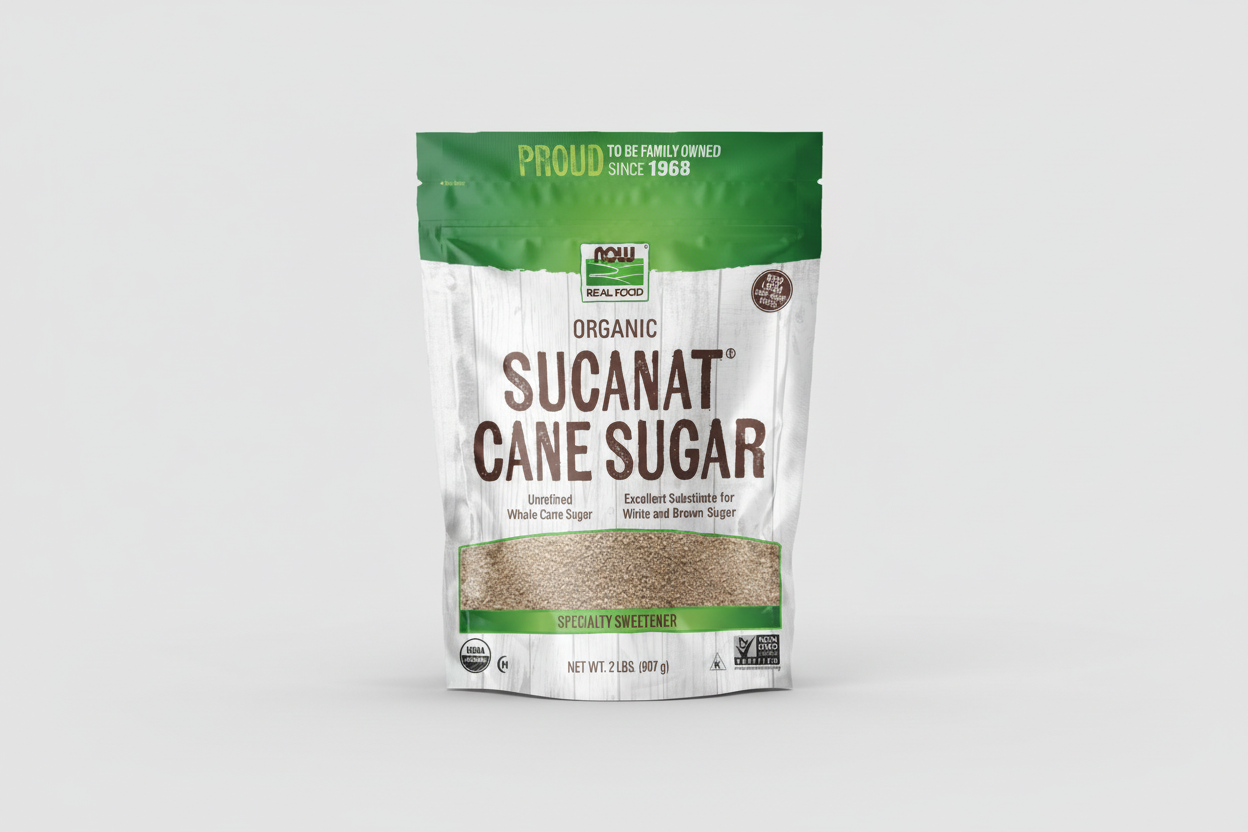 Bag of Organic Sucanat Cane Sugar with branding and product details on a white background