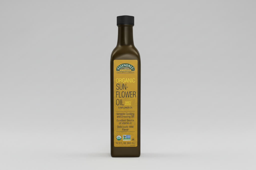 Bottle of Ellyndale Organic Sunflower Oil on a white background