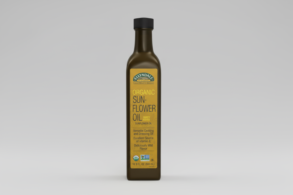 Bottle of Ellyndale Organic Sunflower Oil on a white background