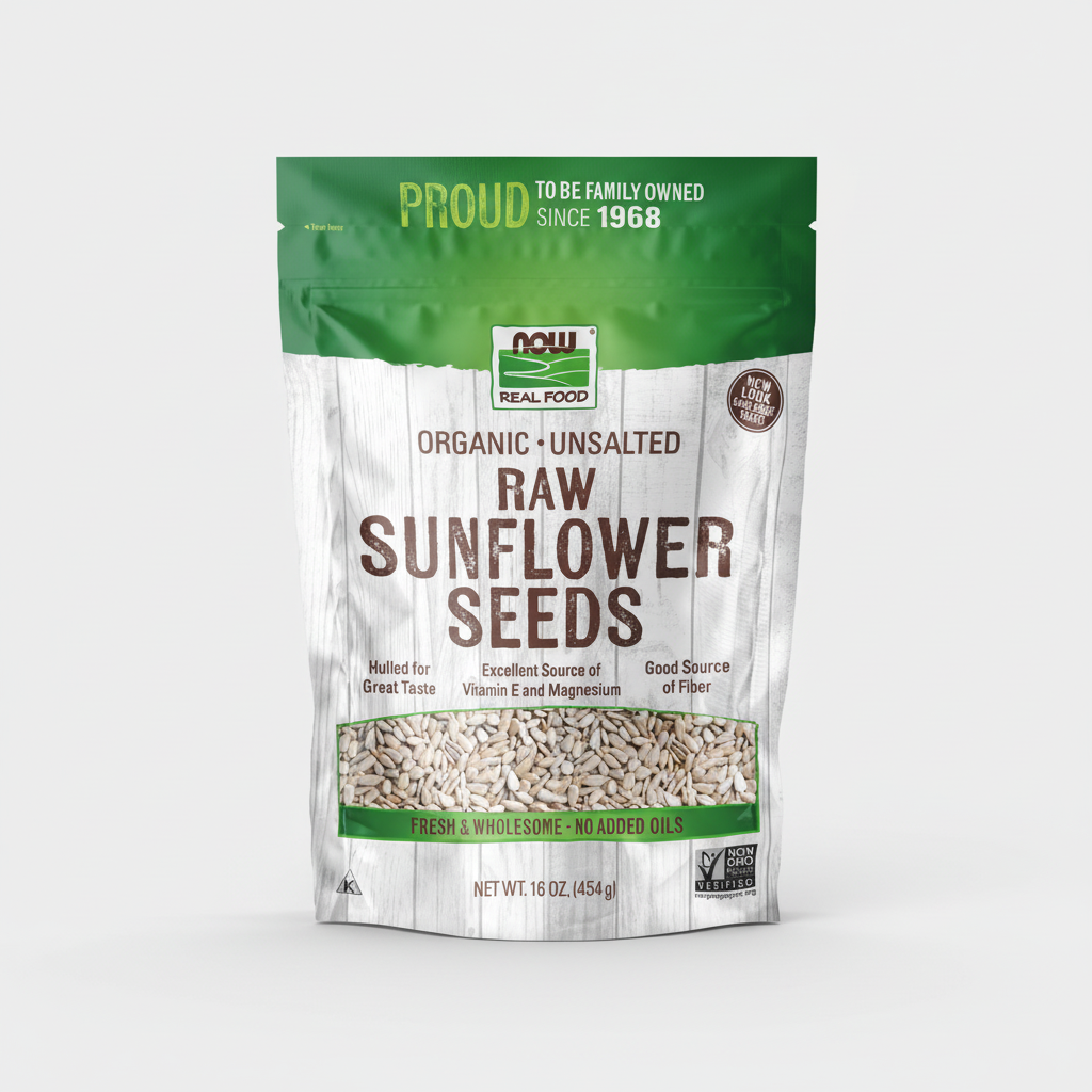 Package of NOW Organic Raw Sunflower Seeds on a white background