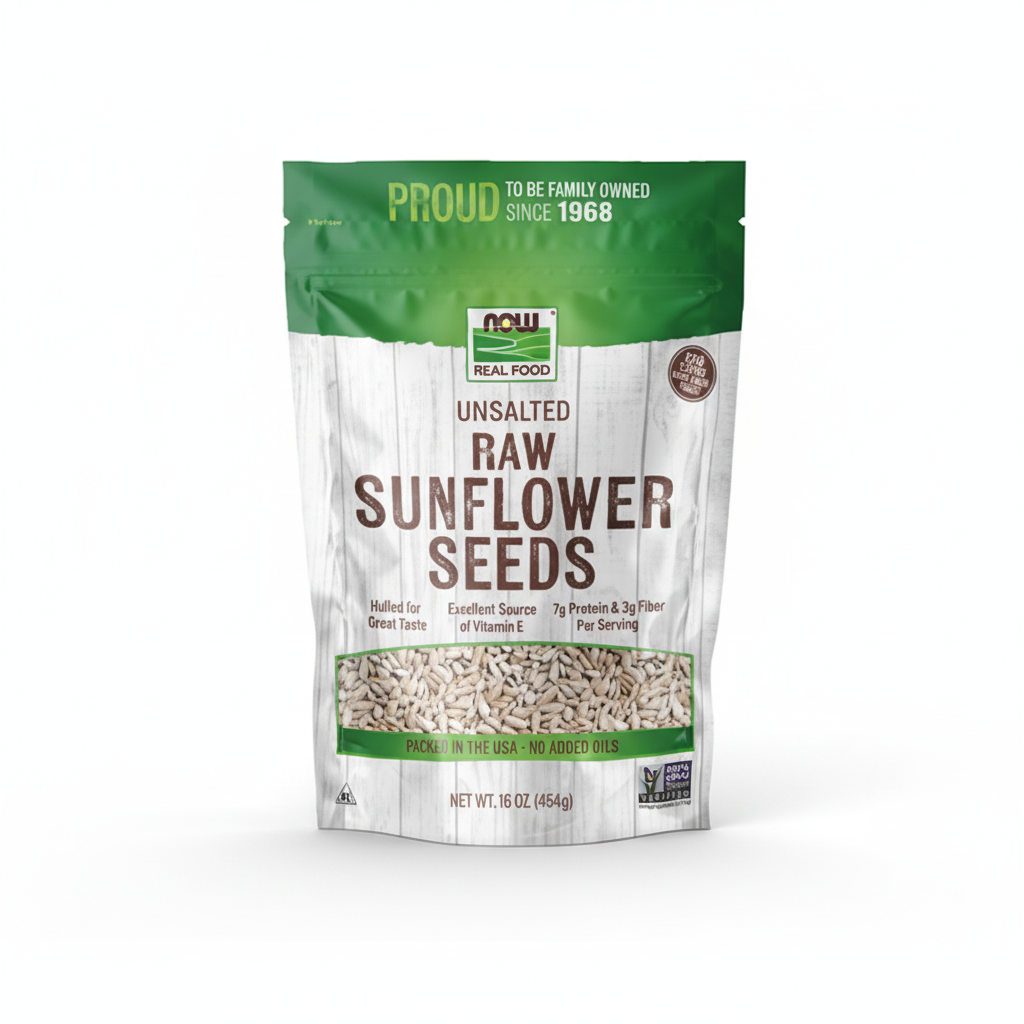 Bag of unsalted raw sunflower seeds on a white background