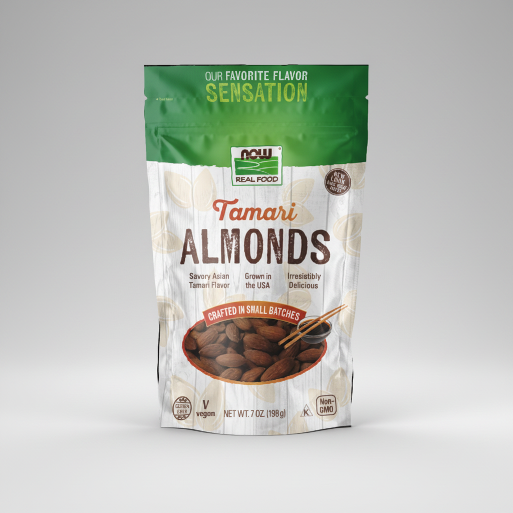 Package of Tamari Almonds with Now Real Food branding on a white background