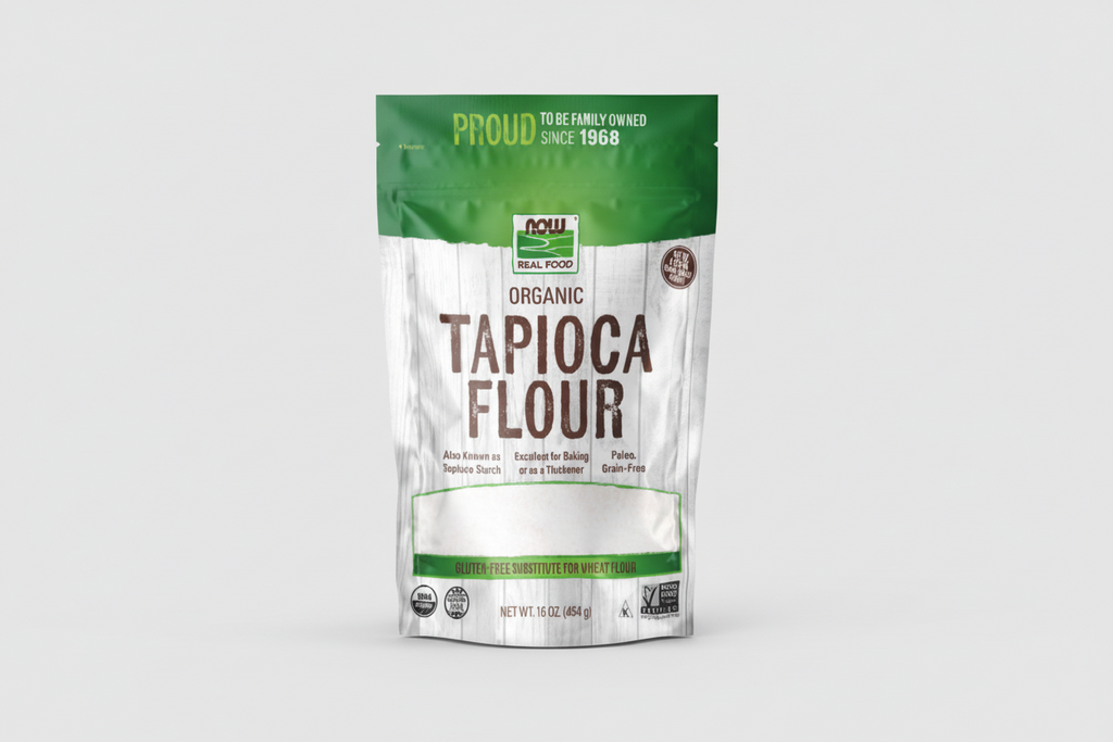 Package of NOW Organic Tapioca Flour with green and white design
