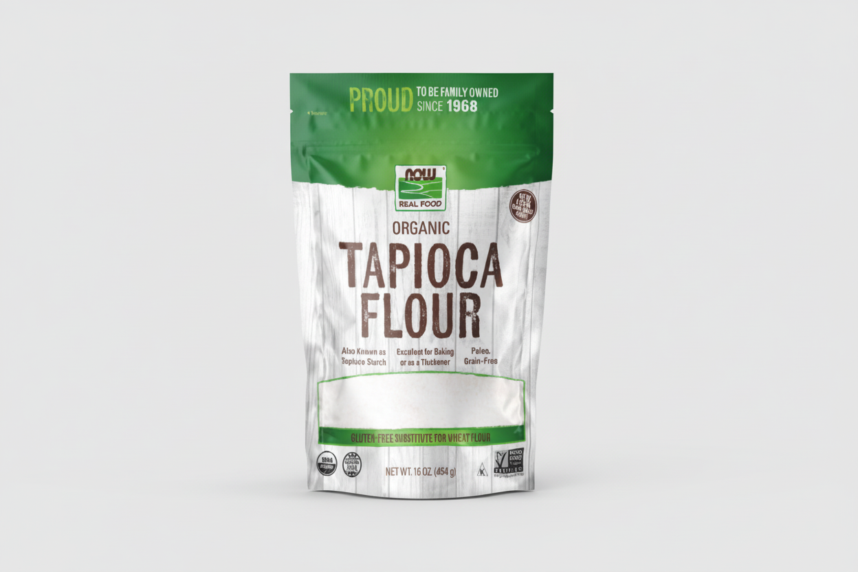 Package of NOW Organic Tapioca Flour with green and white design