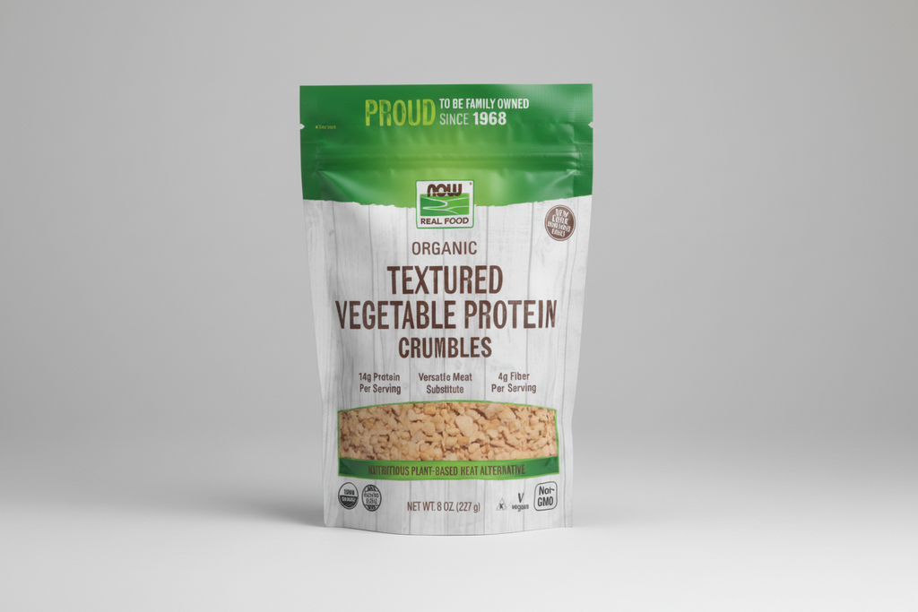 Package of NOW Organic Textured Vegetable Protein Crumbles with green and white design.