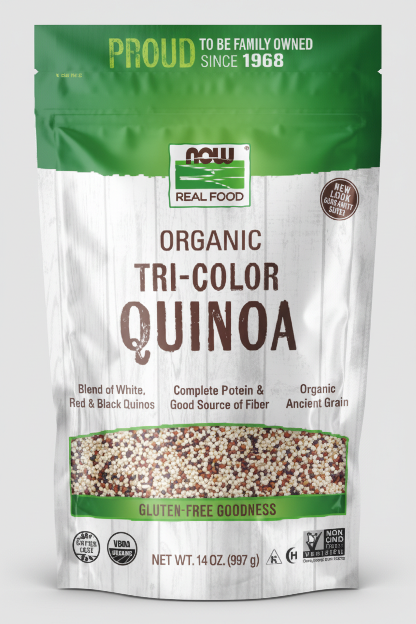 Package of NOW Organic Tri-Color Quinoa with green and white design