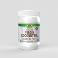 Jar of organic virgin coconut oil with a white lid on a white background