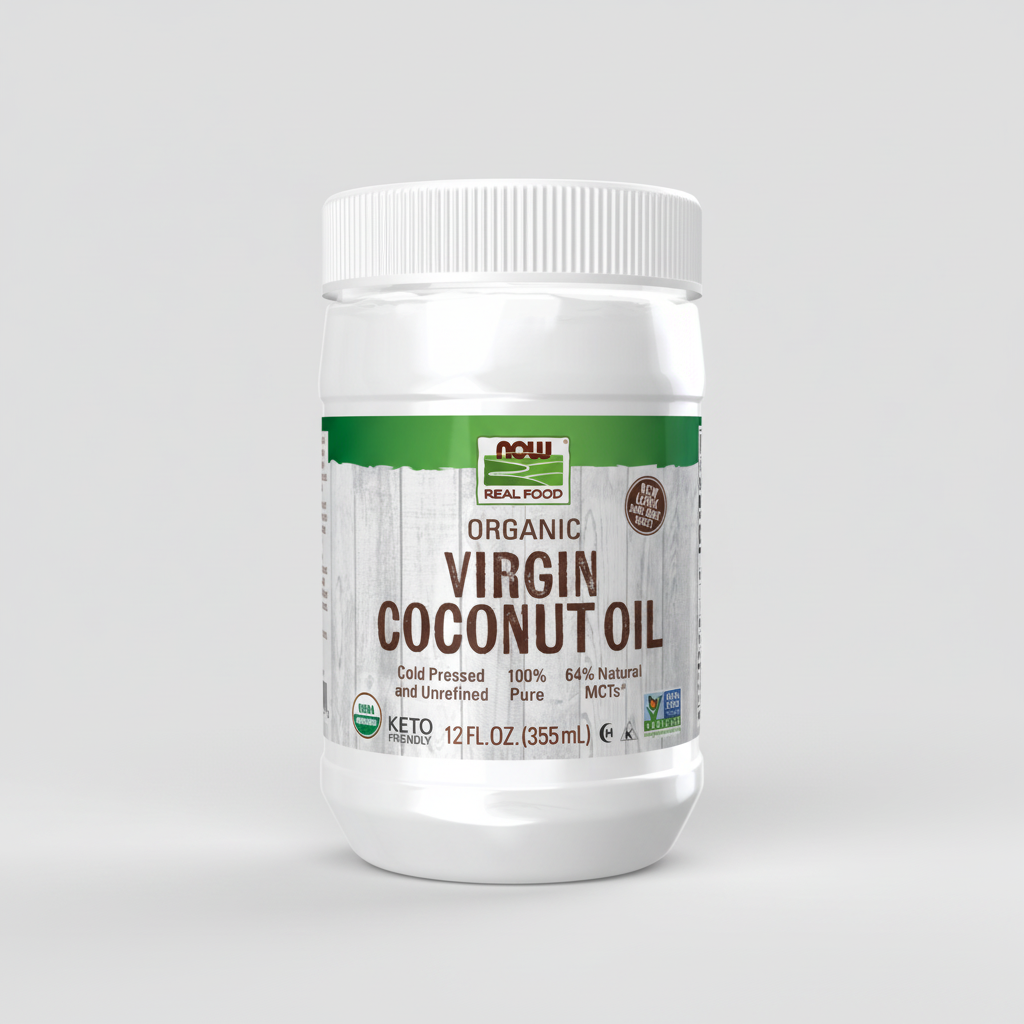 Jar of organic virgin coconut oil with a white lid on a white background
