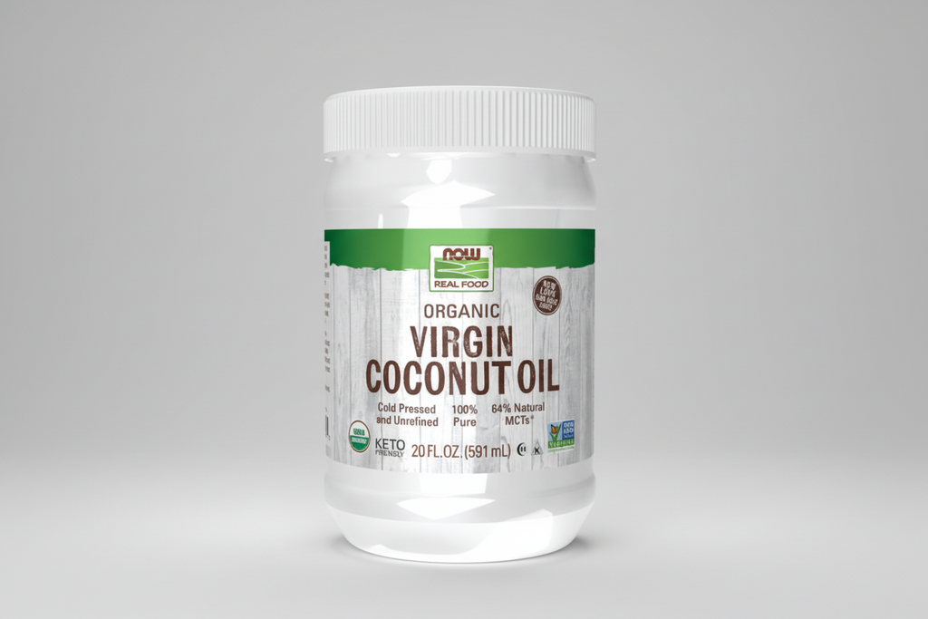 Jar of organic virgin coconut oil with a white lid on a white background