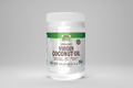 Jar of organic virgin coconut oil with a white lid on a white background