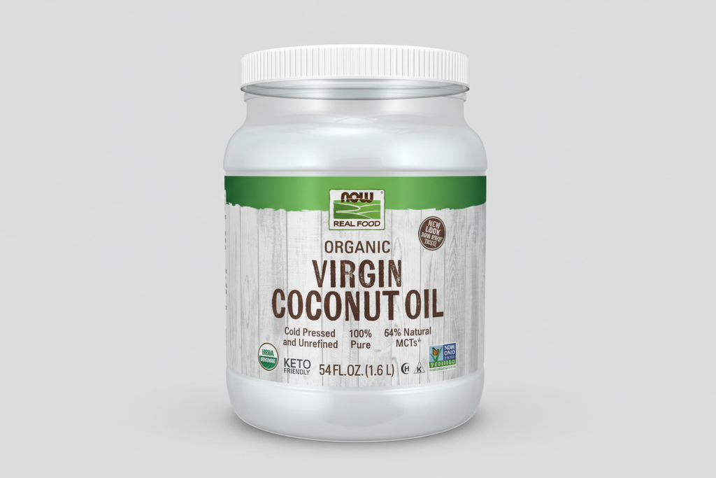 Jar of NOW Organic Virgin Coconut Oil on a white background