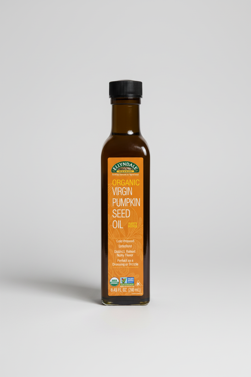 Bottle of Elwindale Organic Virgin Pumpkin Seed Oil on a white background