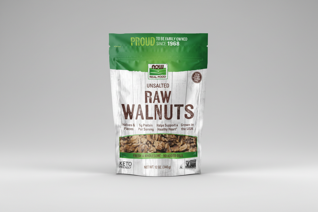 Package of raw walnuts with green and white design