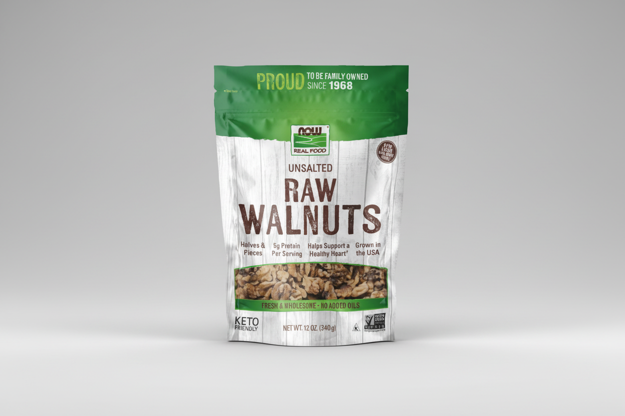 Package of raw walnuts with green and white design