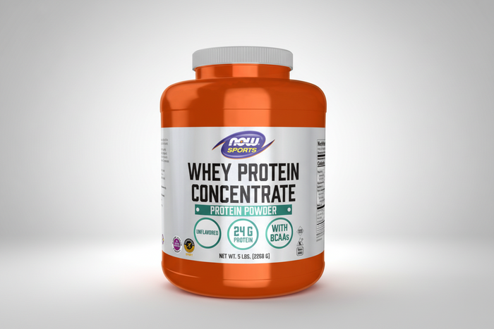 Orange container of NOW Sports Whey Protein Concentrate on a white background