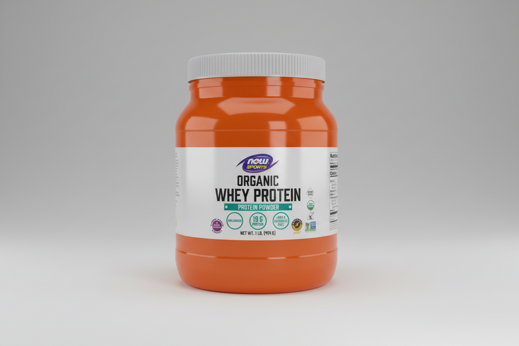 Orange container of Now Sports Organic Whey Protein on a white background