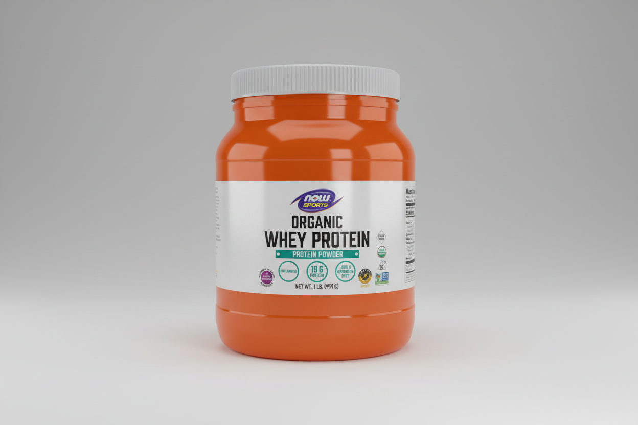 Orange container of Now Sports Organic Whey Protein on a white background