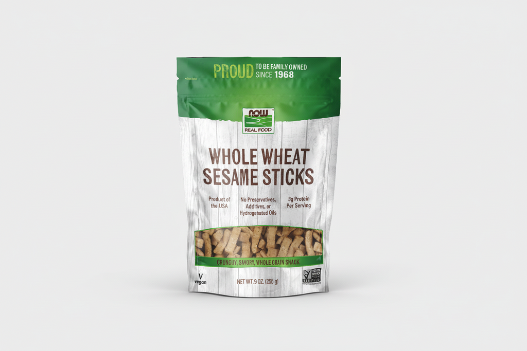 Package of whole wheat sesame sticks with green and white design