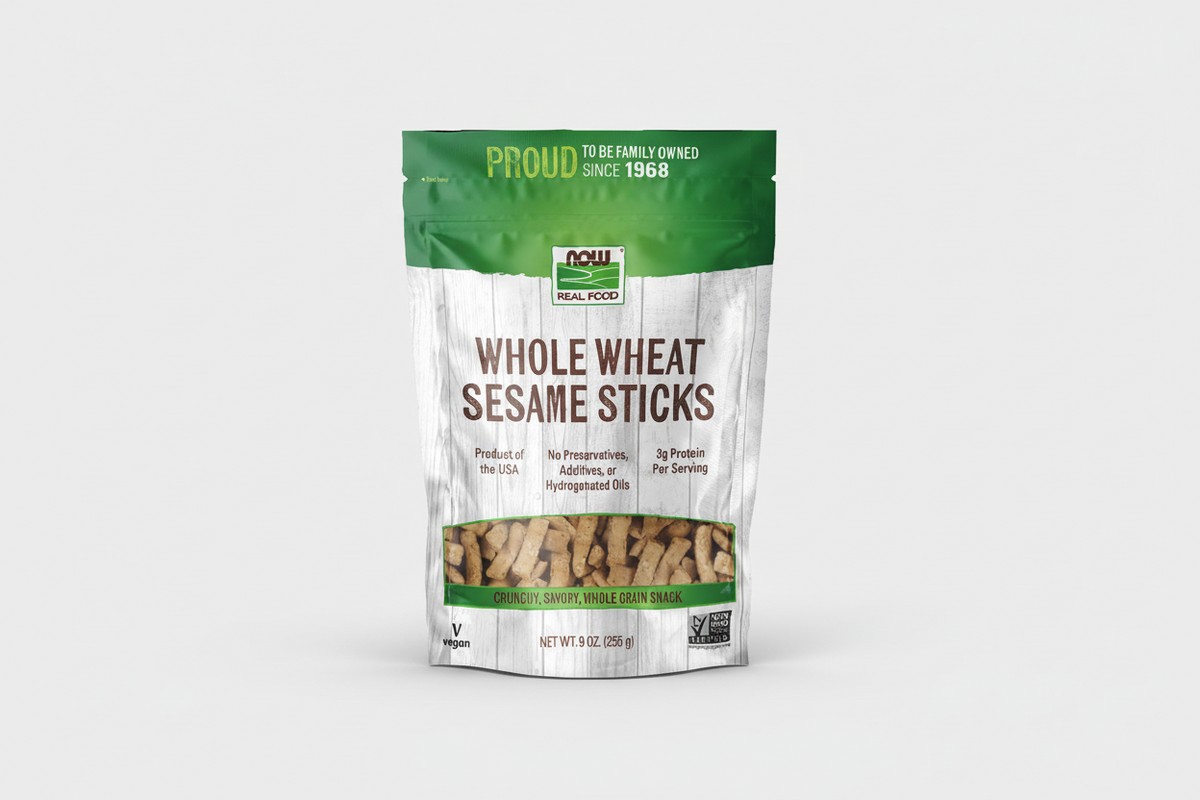 Package of whole wheat sesame sticks with green and white design