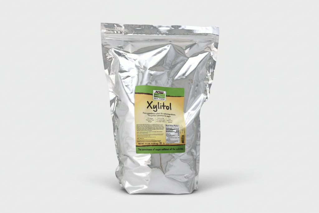 Bag of xylitol with a label on a white background