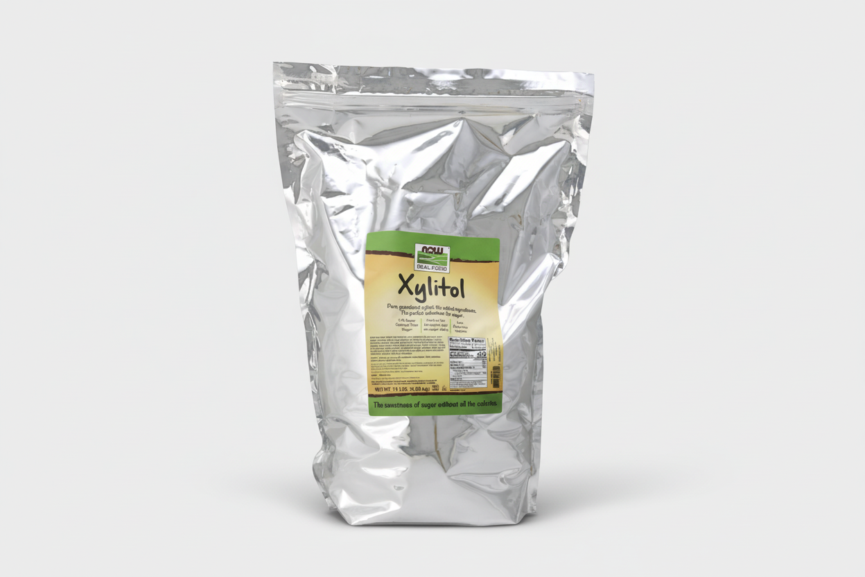 Bag of xylitol with a label on a white background