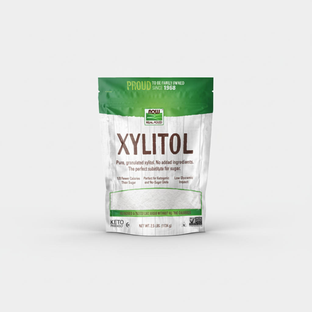 Package of Xylitol with green and white design on a white background