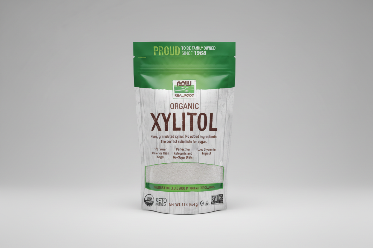Package of NOW Organic Xylitol on a white background