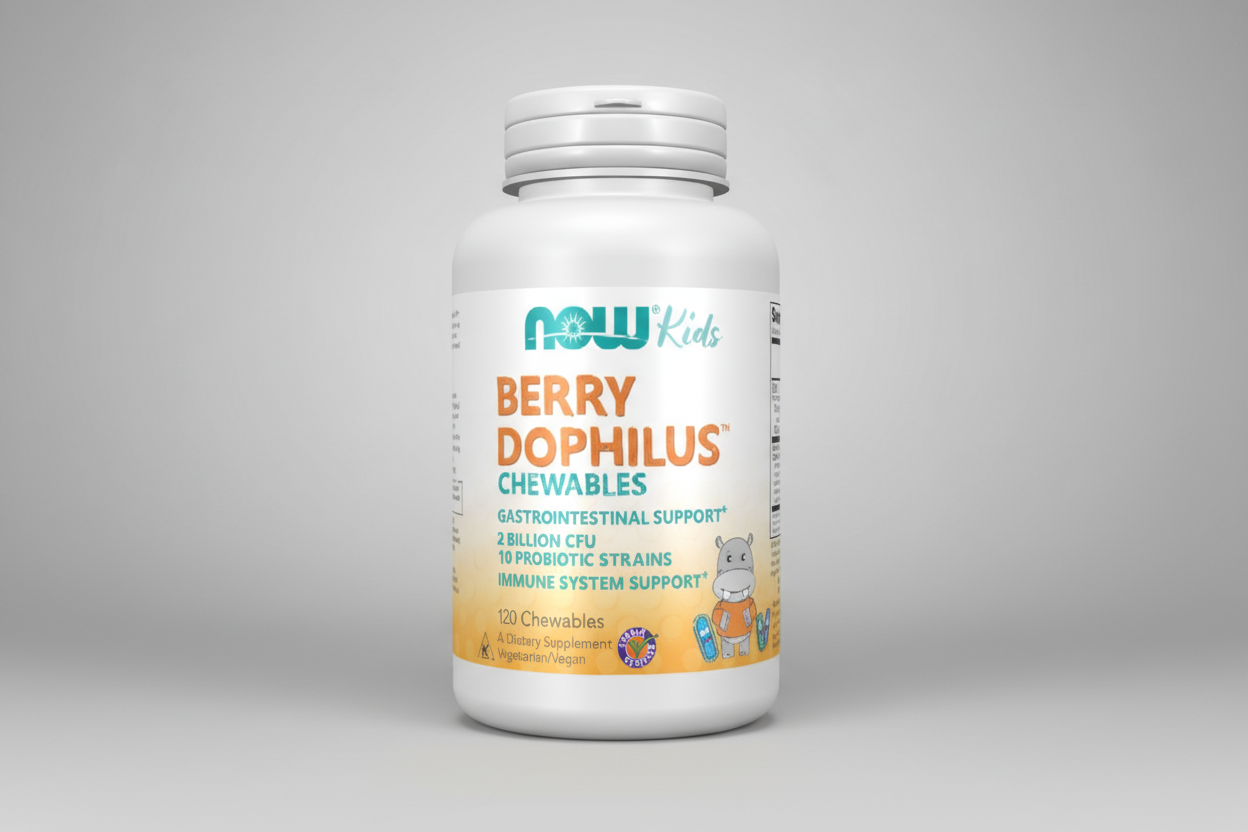 NOW Kids Berry Dophilus Chewables supplement bottle on a white background