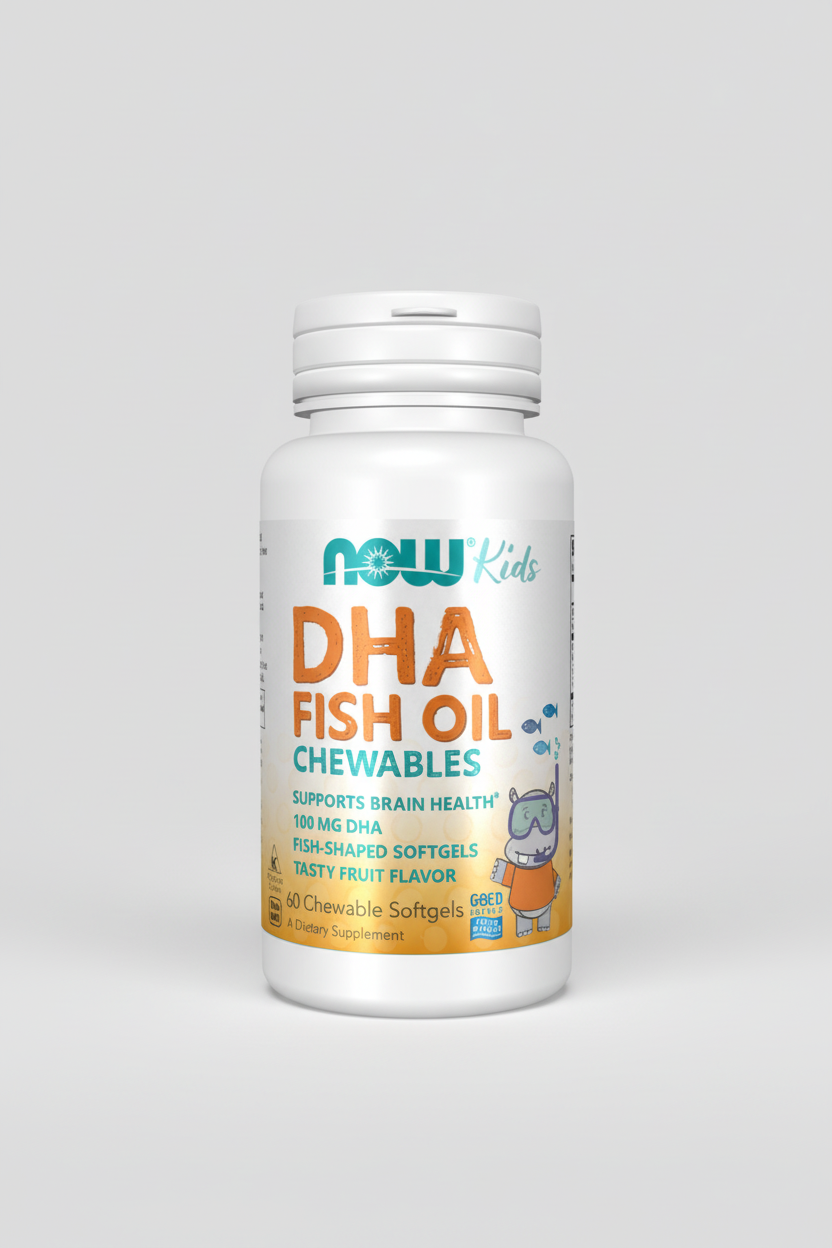 Bottle of NOW Kids DHA Fish Oil Chewables on a white background