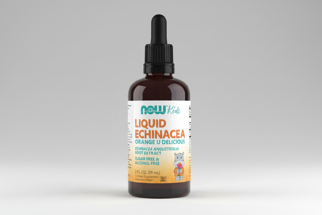 Bottle of NOW Kids Liquid Echinacea with a dropper on an orange background
