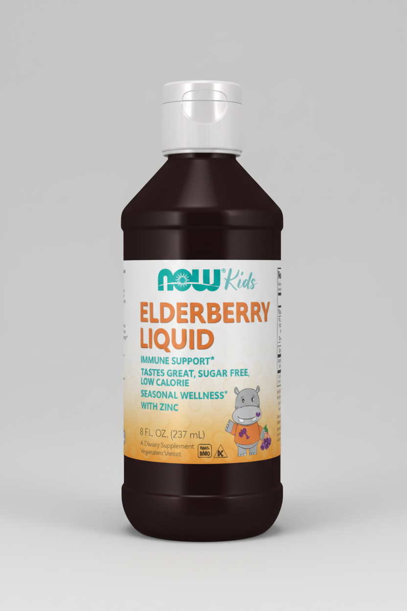 Bottle of NOW Kids Elderberry Liquid on a white background