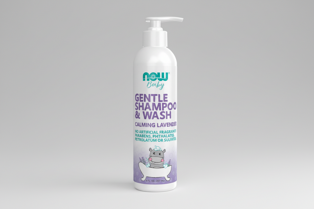 Baby shampoo and wash bottle with NOW Baby branding on a white background