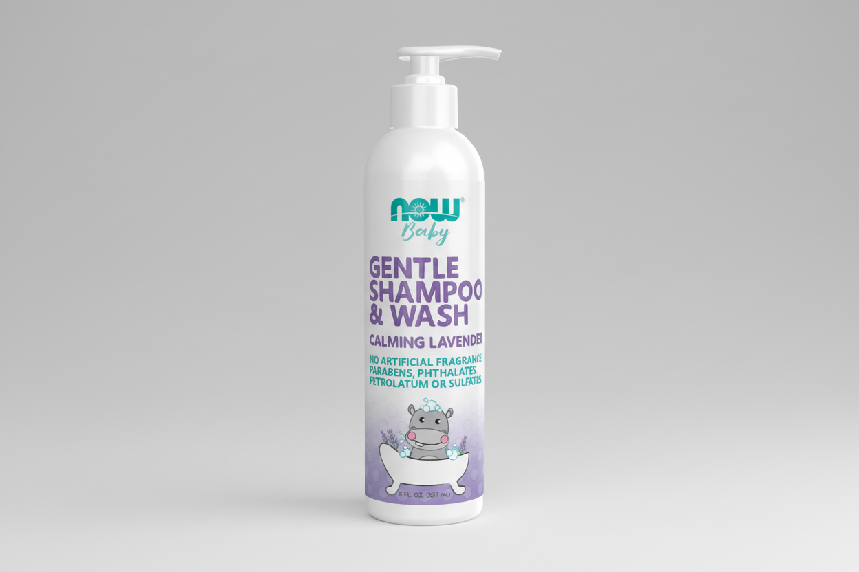Baby shampoo and wash bottle with NOW Baby branding on a white background