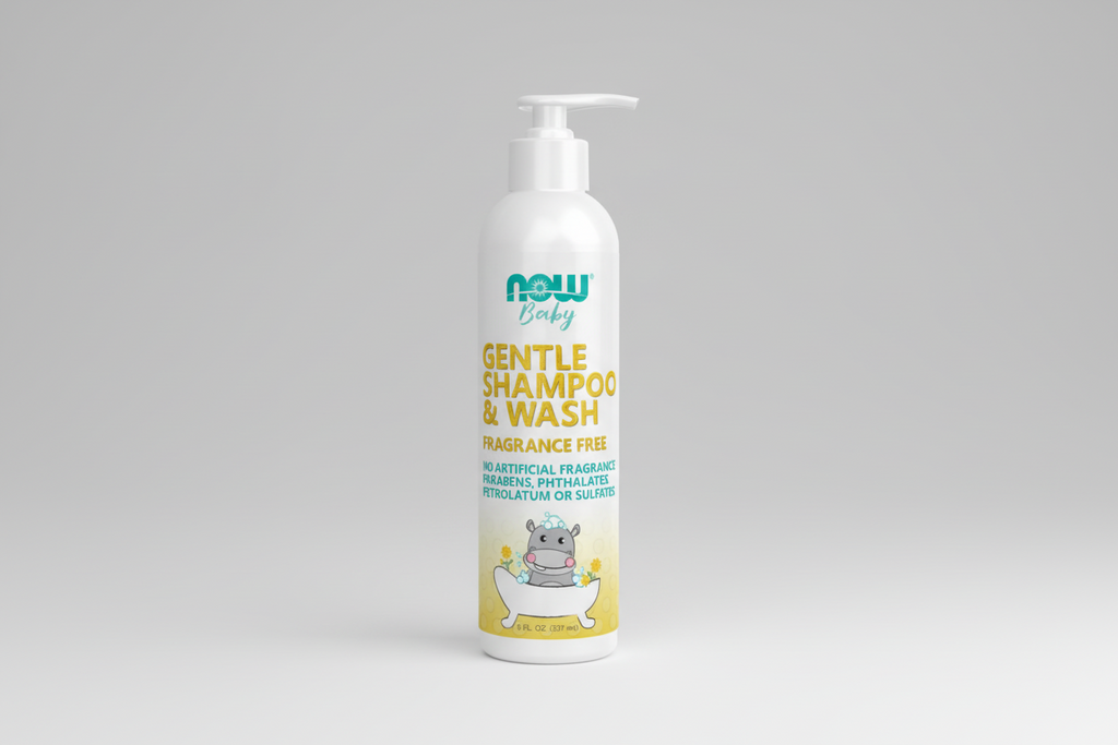 Baby shampoo and wash bottle with hippo illustration on a white background