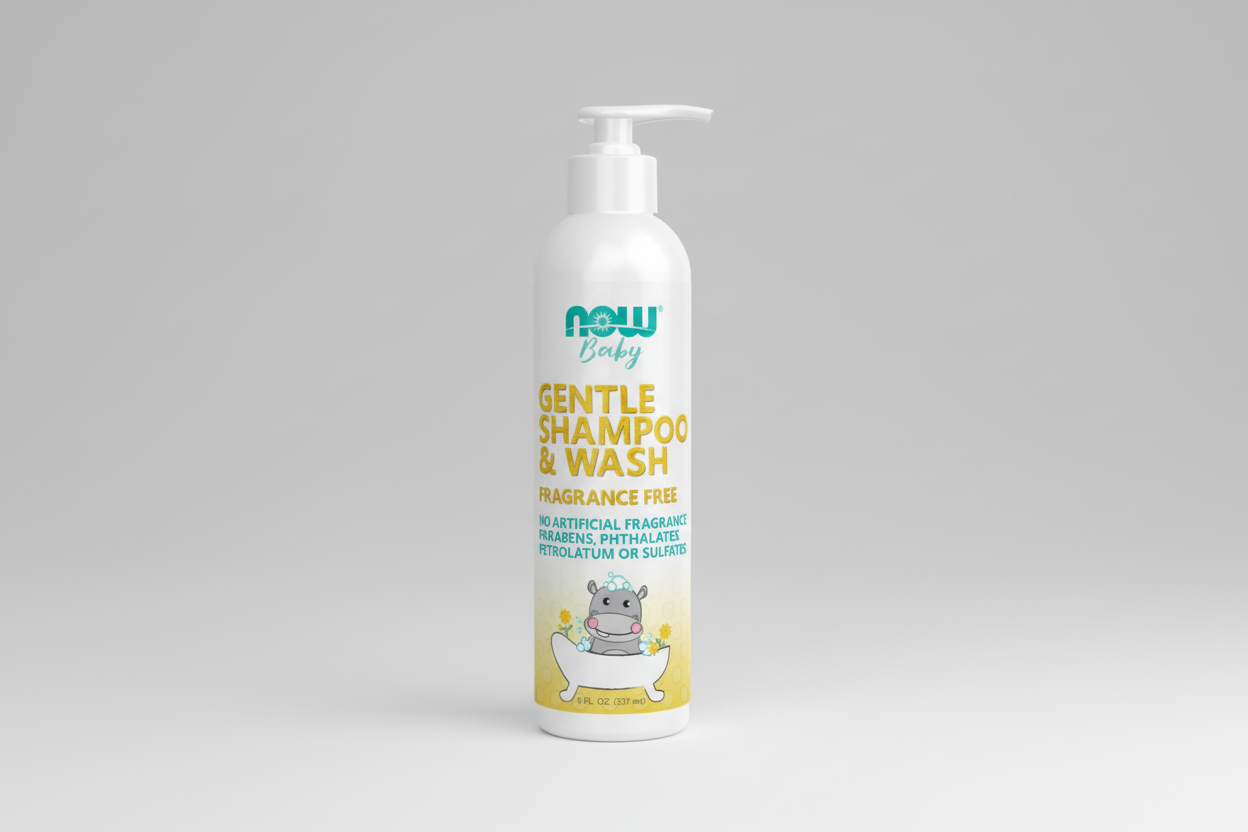 Baby shampoo and wash bottle with hippo illustration on a white background