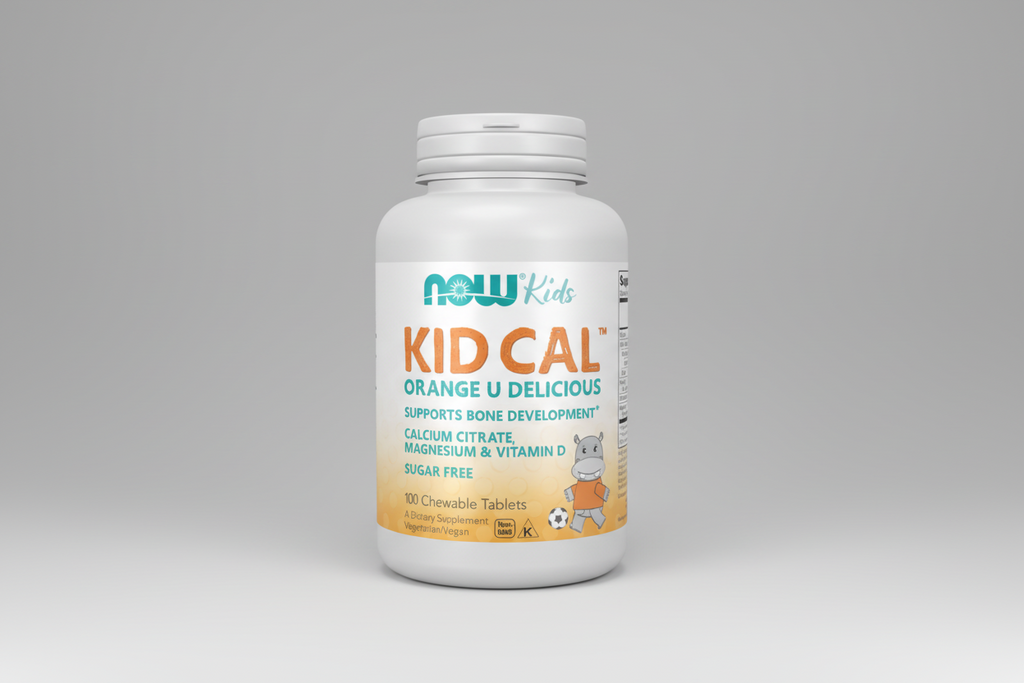 NOW Kids KID CAL supplement bottle on a white background