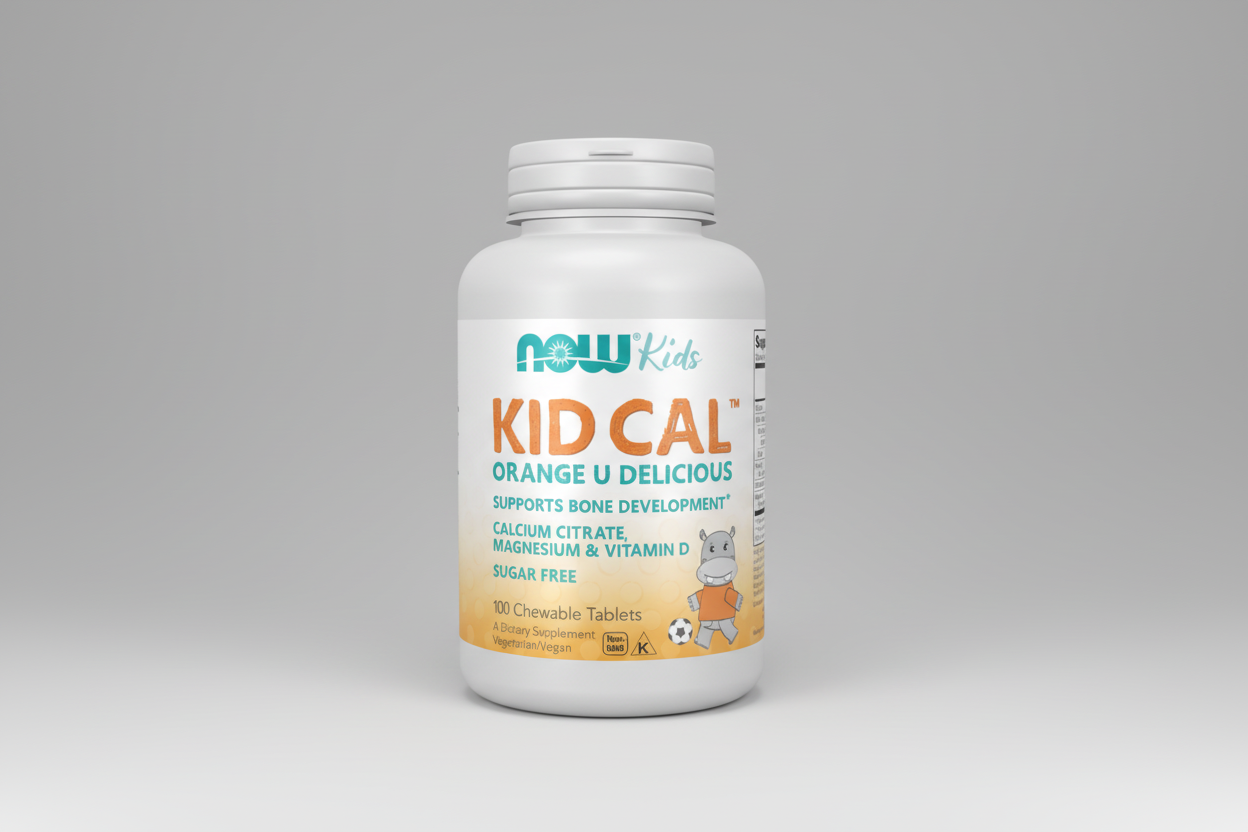 NOW Kids KID CAL supplement bottle on a white background