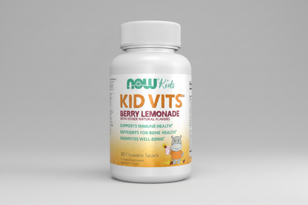 Supplement bottle labeled 'NOW Kids Kid Vits Berry Lemonade' on a white background