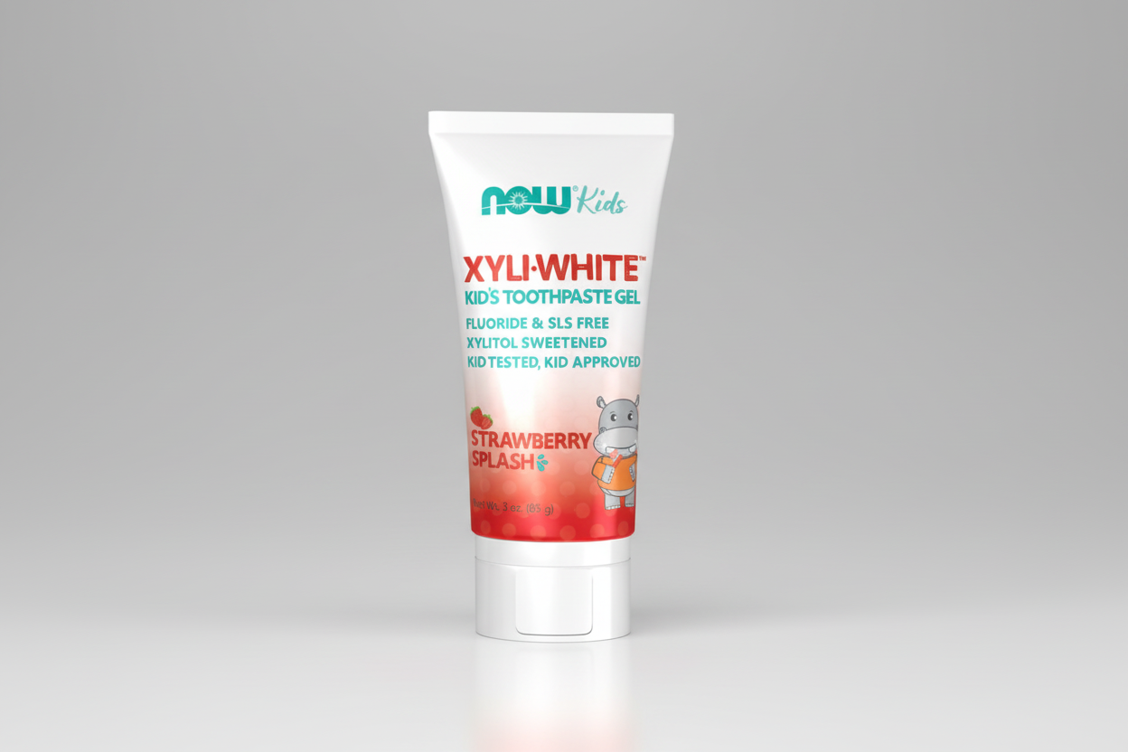 Tube of XyliWhite Kids' Toothpaste Gel with strawberry flavor on a white background