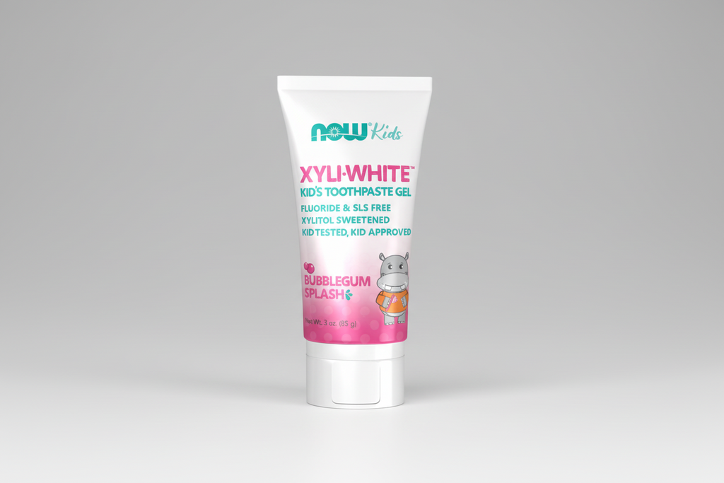 Tube of XyliWhite Kids' Toothpaste Gel with bubblegum flavor on a white background