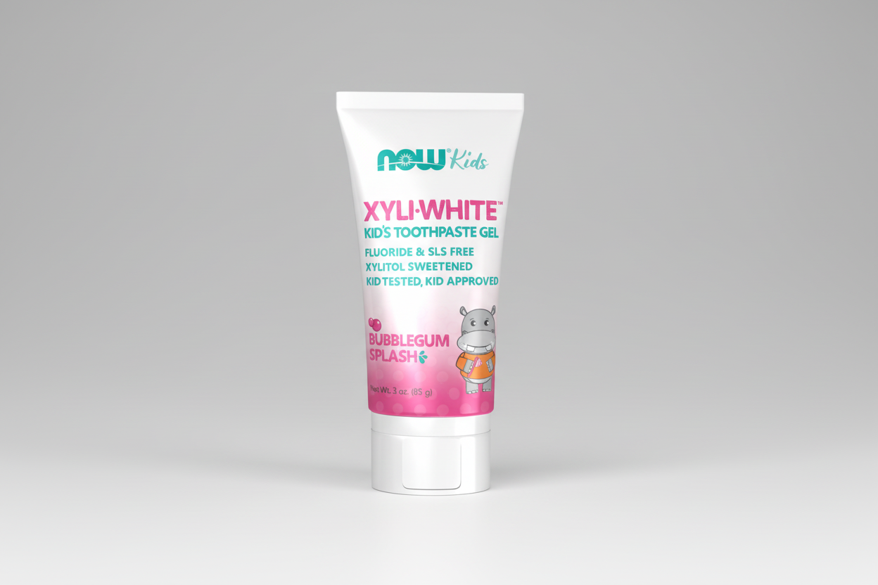 Tube of XyliWhite Kids' Toothpaste Gel with bubblegum flavor on a white background