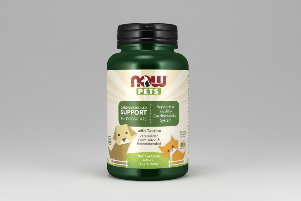 Supplement bottle for pets with NOW Pets branding on a white background